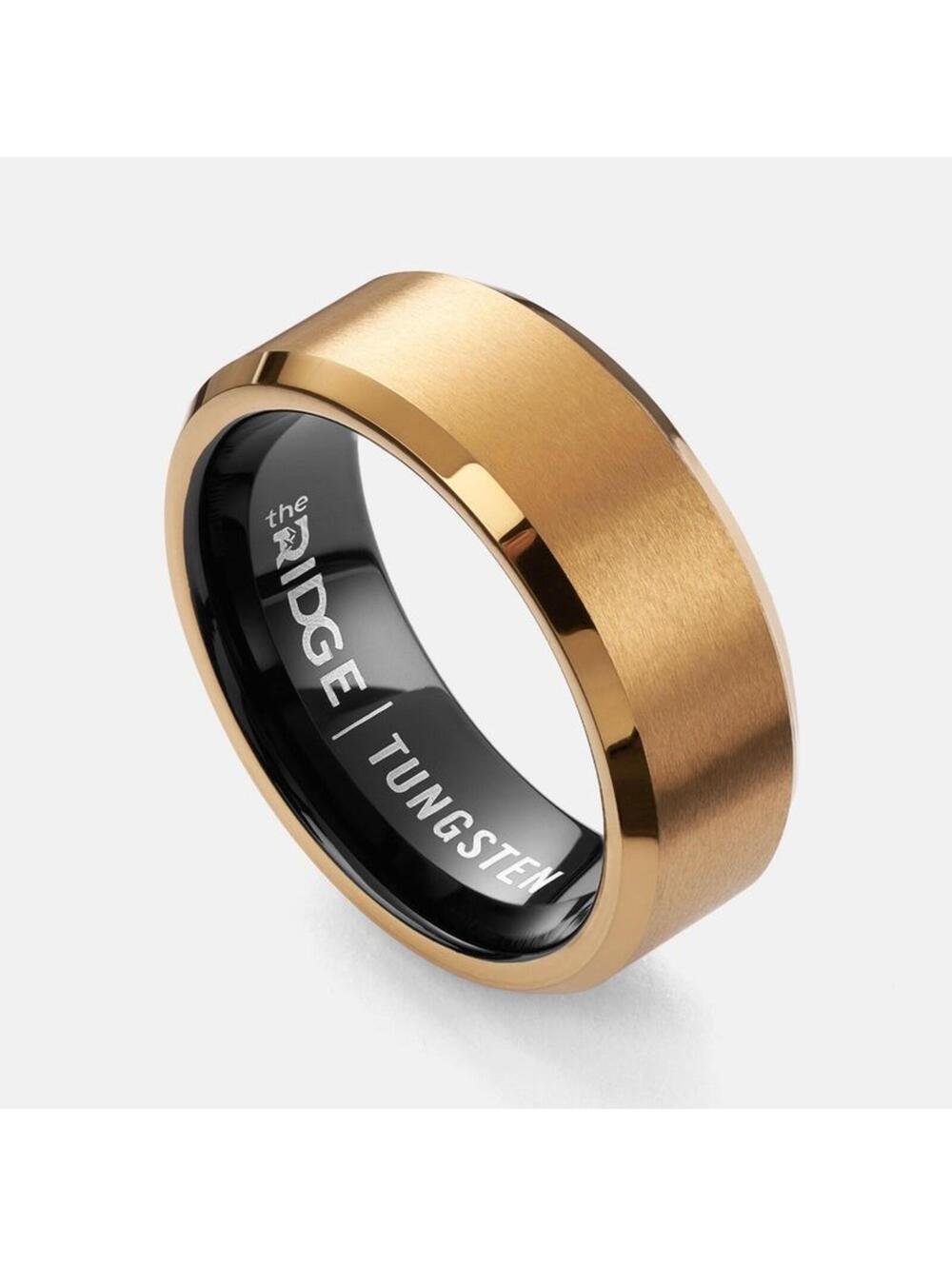 Ridge Tungsten Ring 24K Gold Beveled Rounded Wedding Band Scratch Resistant Mens